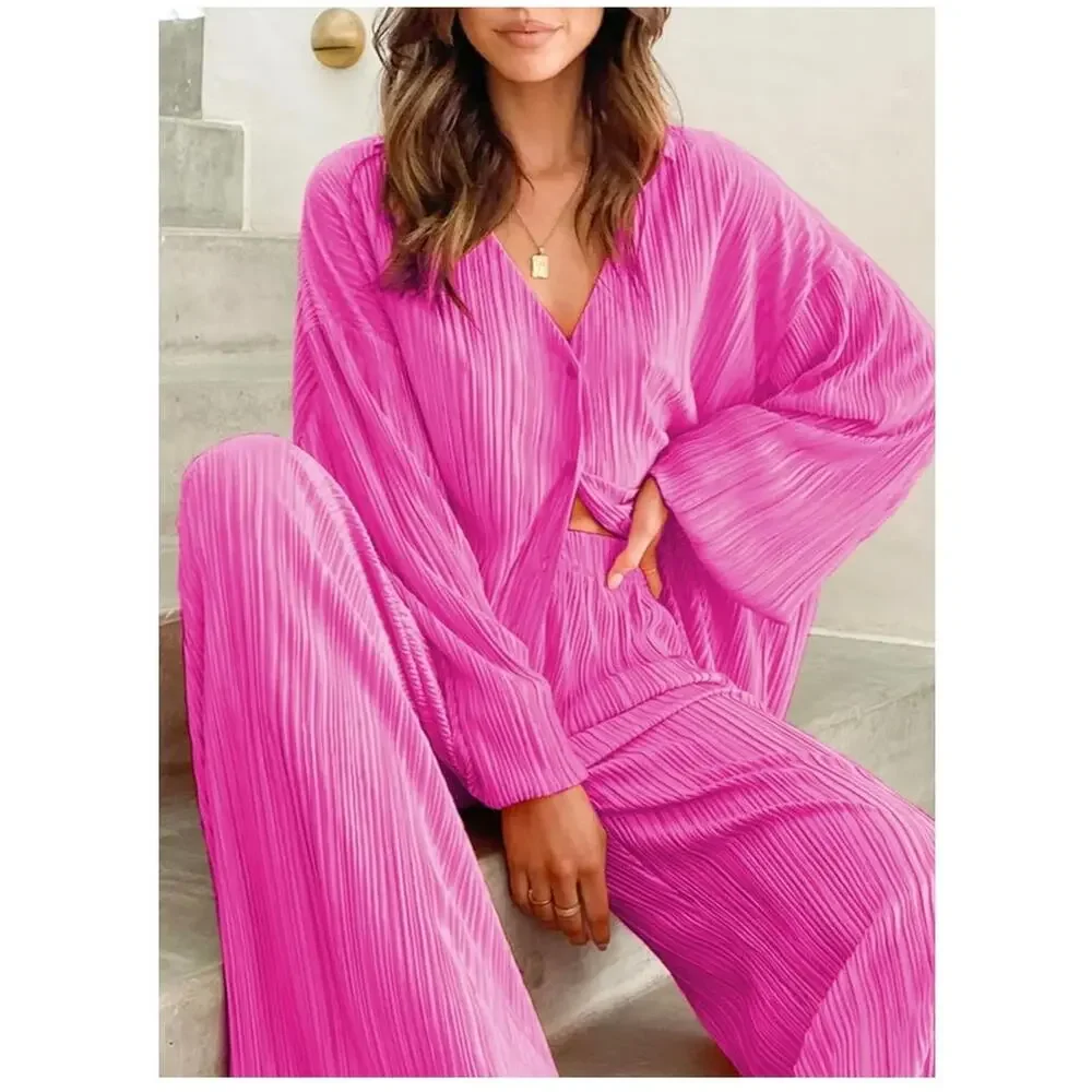 ONIRIKE 2 Pc Sweatsuit Womens SZ LRG Pleated Long Sleeve Button Up Palazzo Pants - Picture 4 of 8